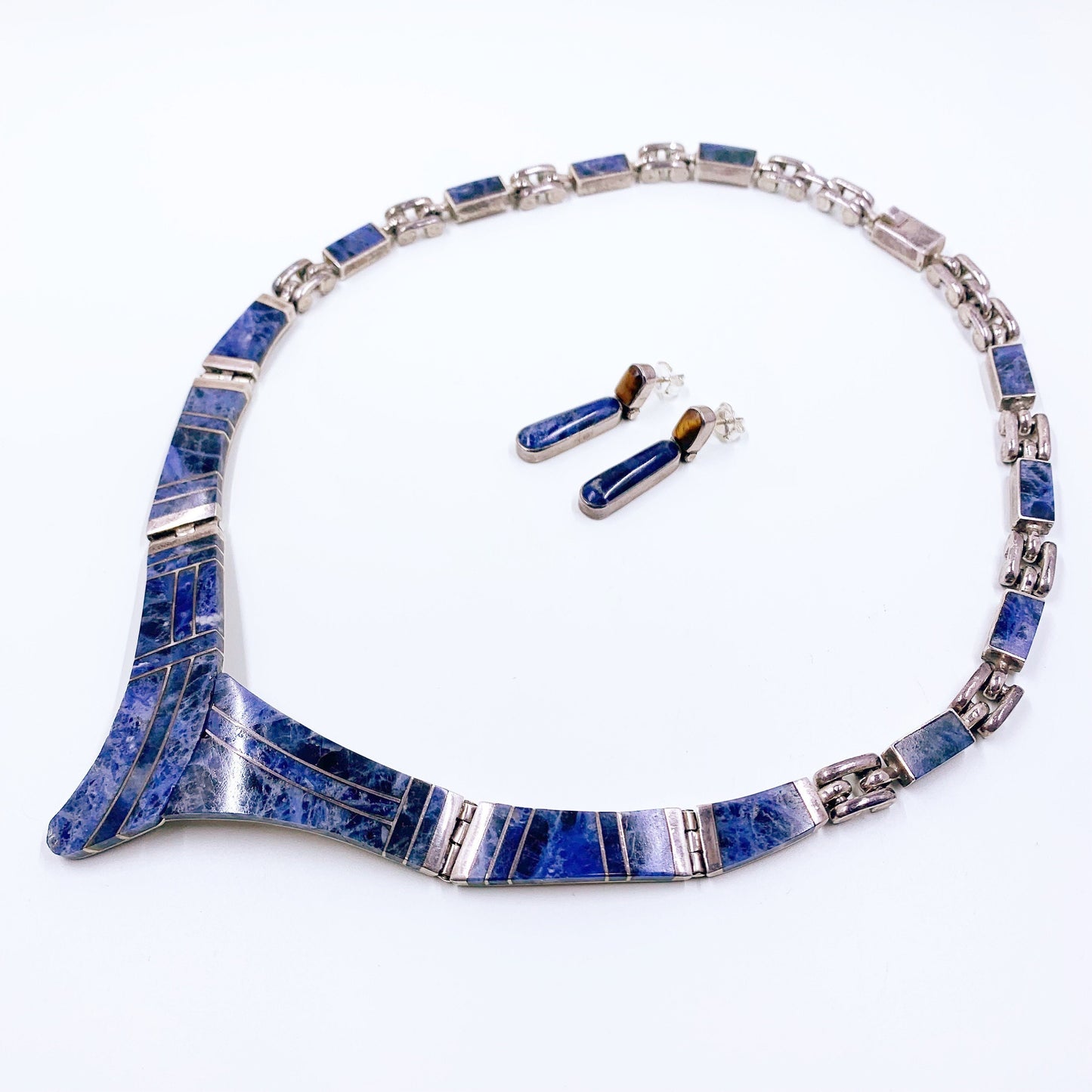 Vintage Mexican Silver Modernist Sodalite Collar Necklace and Earring Set