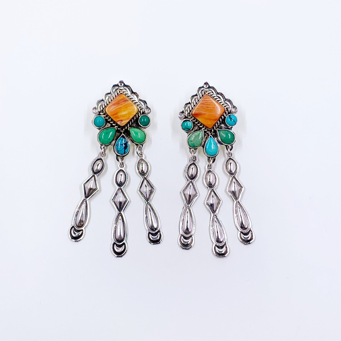 Estate Sterling Navajo Spiny Oyster and Turquoise Drop Earrings | Donald Douglas Navajo Multi-Stone Dangle Earrings