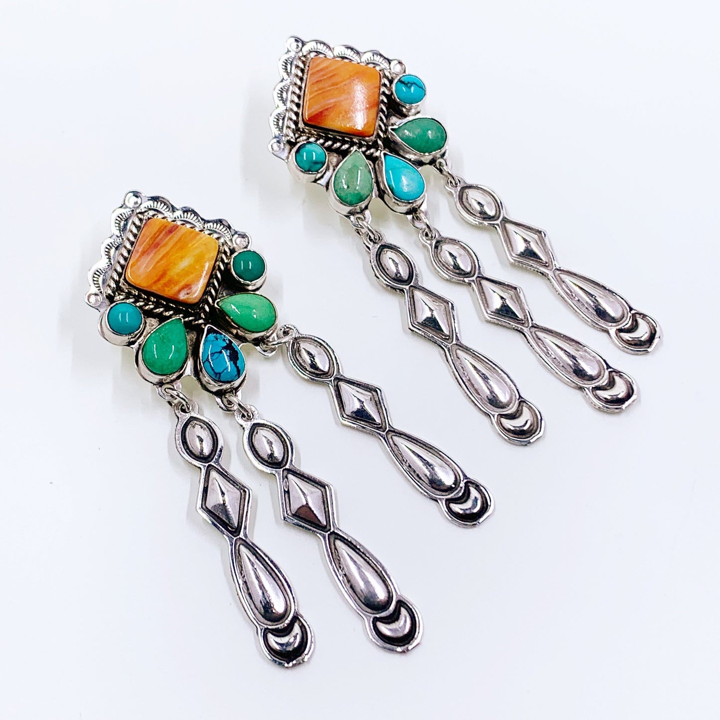 Estate Sterling Navajo Spiny Oyster and Turquoise Drop Earrings | Donald Douglas Navajo Multi-Stone Dangle Earrings