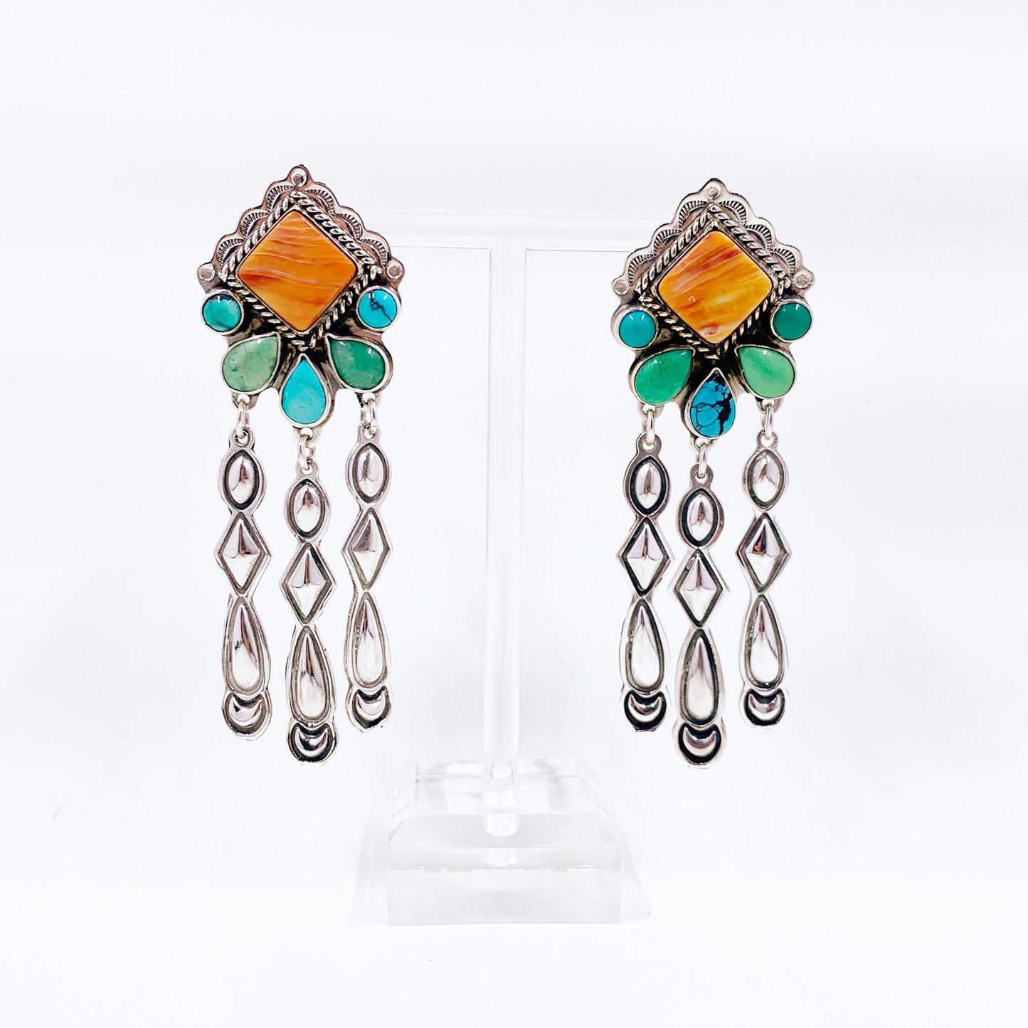 Estate Sterling Navajo Spiny Oyster and Turquoise Drop Earrings | Donald Douglas Navajo Multi-Stone Dangle Earrings
