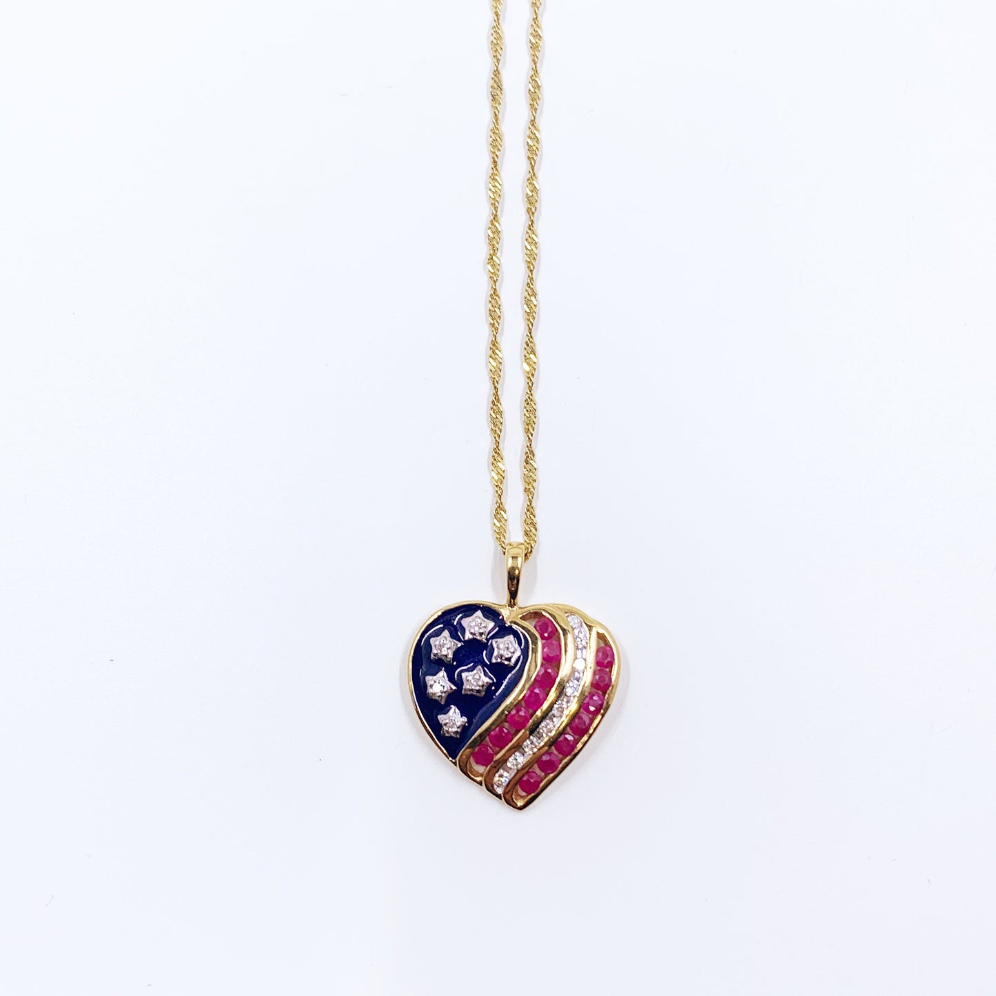 Estate 10K Gold Red White and Blue Diamond and Ruby Heart Shaped Pendant | 10K Gold Heart Flag Pendant | Patriotic Jewelry