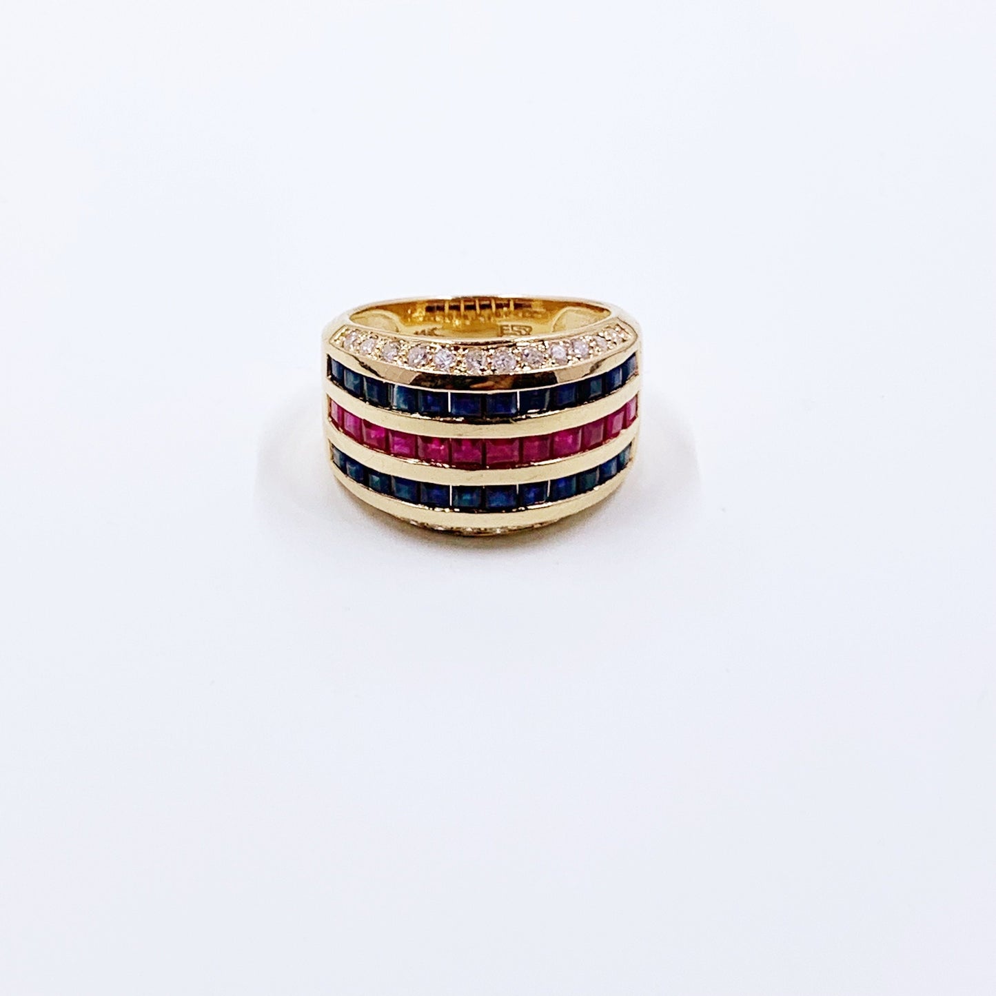 Estate 14k Gold Channel Set Ruby, Sapphire & Diamond Ring | Size 6 Ring