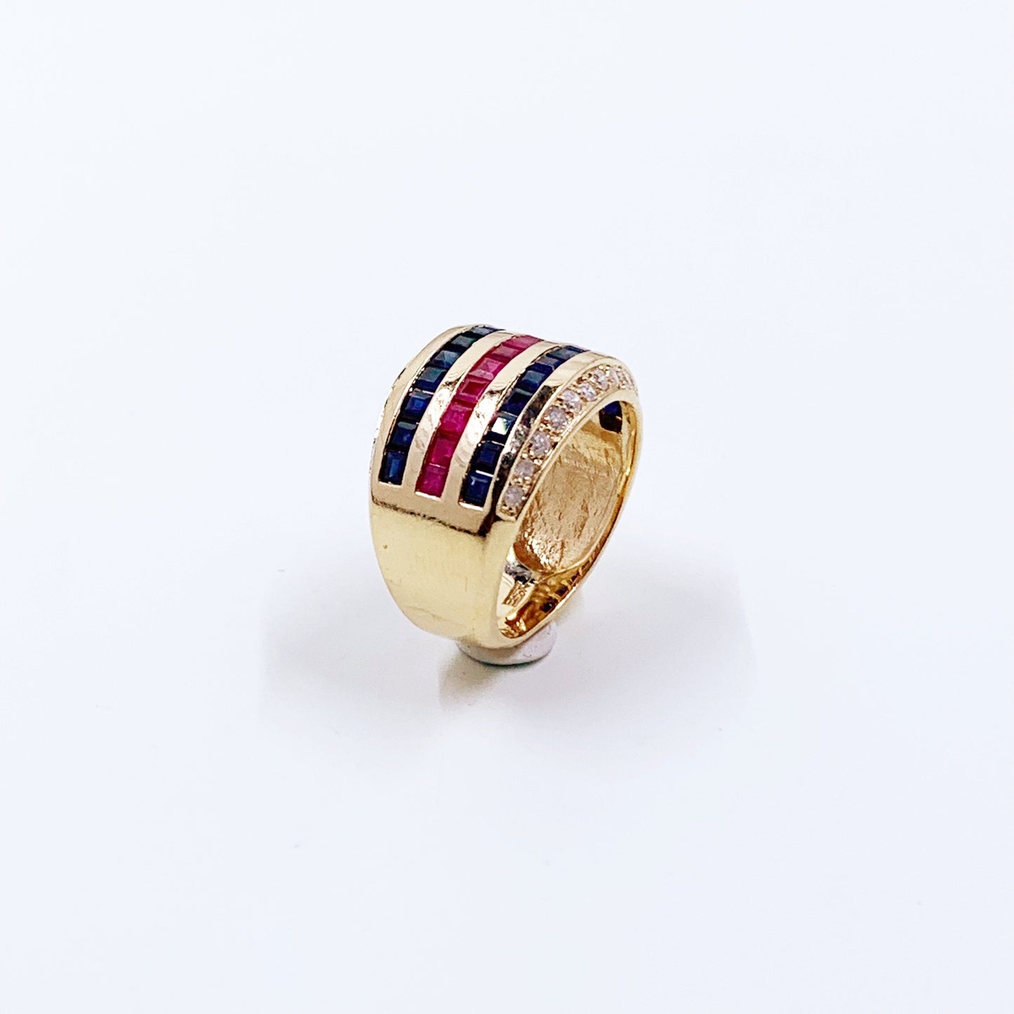 Estate 14k Gold Channel Set Ruby, Sapphire & Diamond Ring | Size 6 Ring