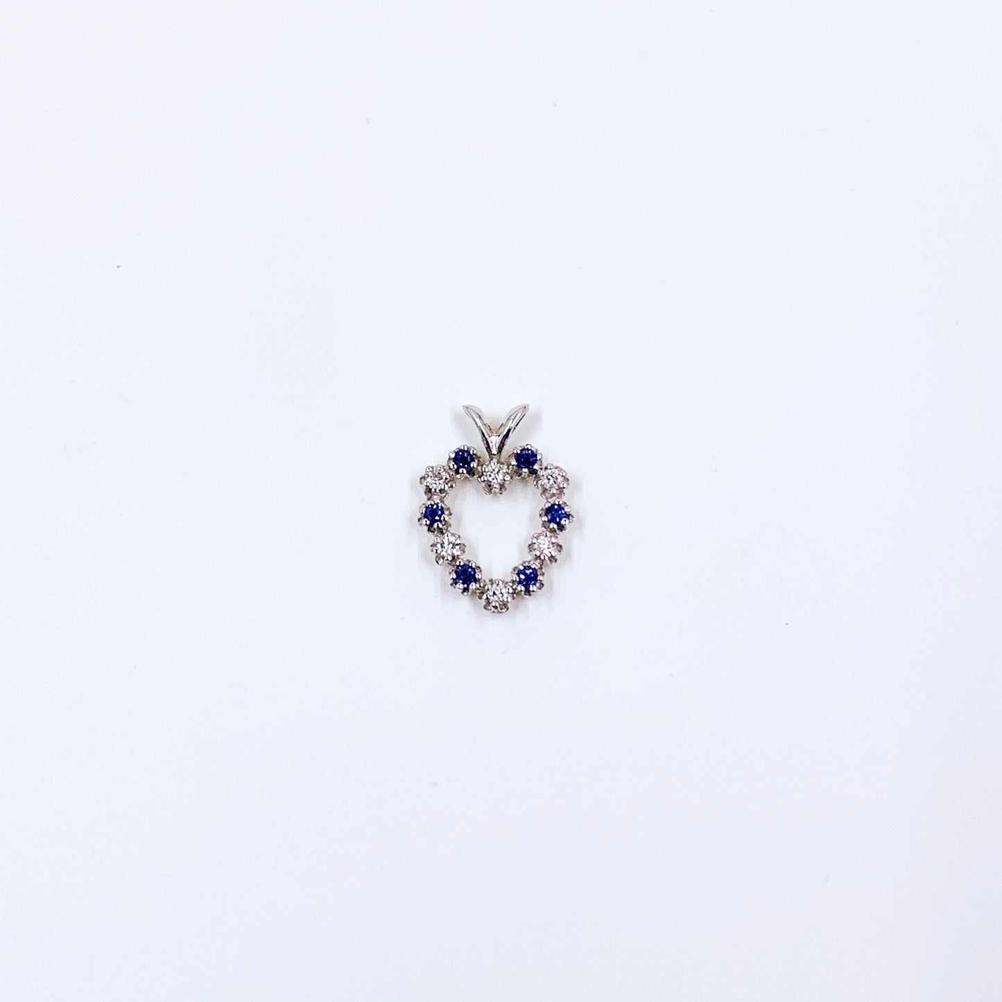 Estate 10K White Gold Diamond and Sapphire Heart Pendant | 10K Gold Heart Pendant