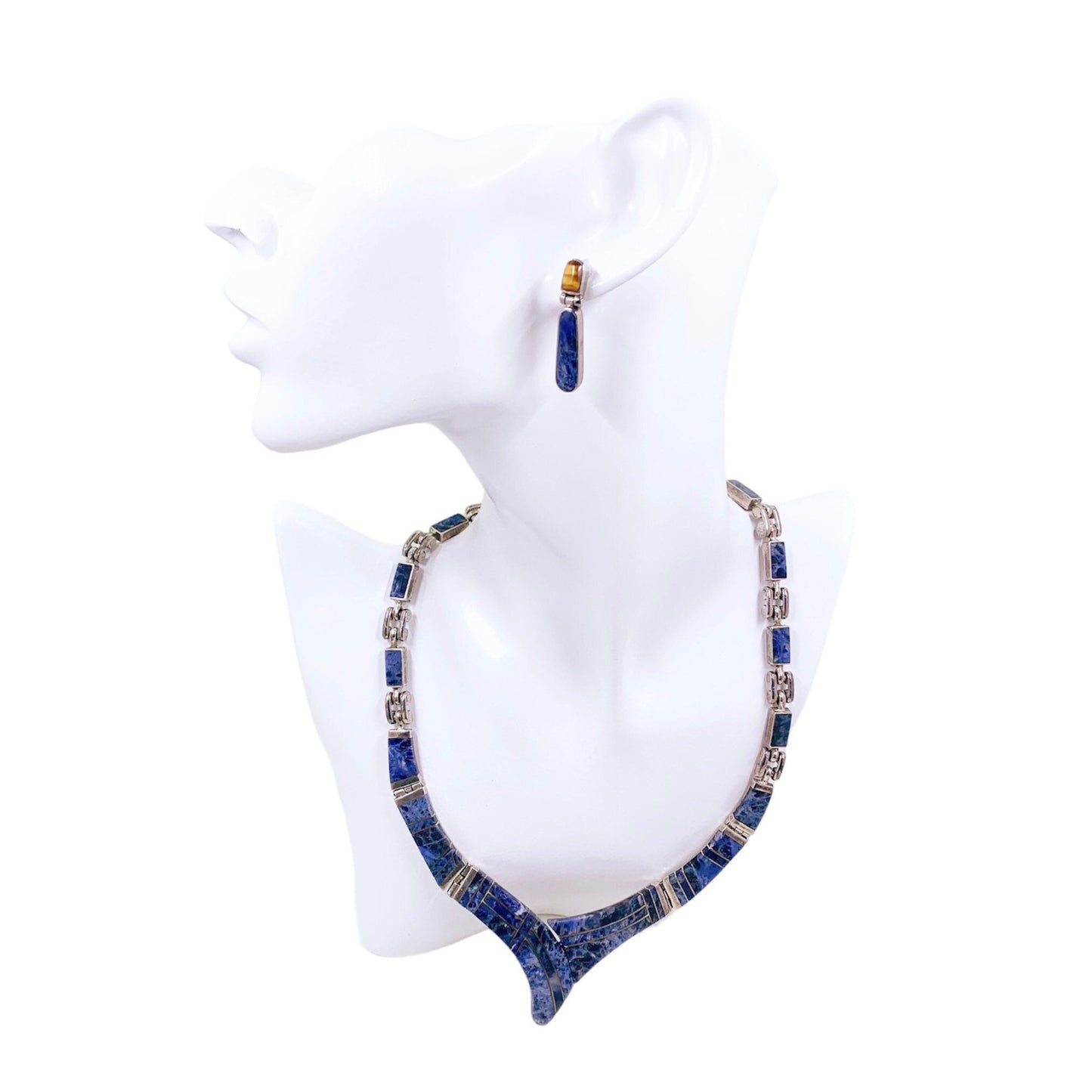 Vintage Mexican Silver Modernist Sodalite Collar Necklace and Earring Set