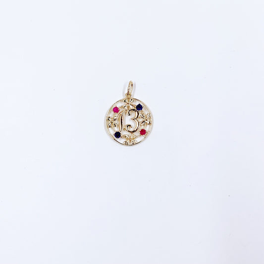 Vintage 14K Gold Lucky Number 13 Floral Charm | Sapphire and Ruby Pendant