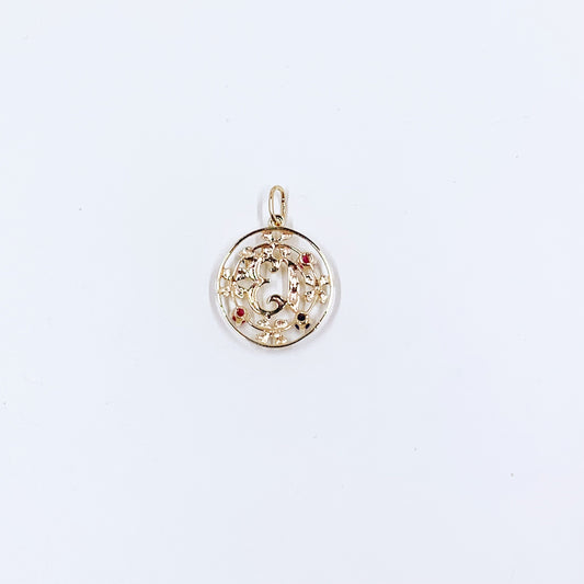 Vintage 14K Gold Lucky Number 13 Floral Charm | Sapphire and Ruby Pendant