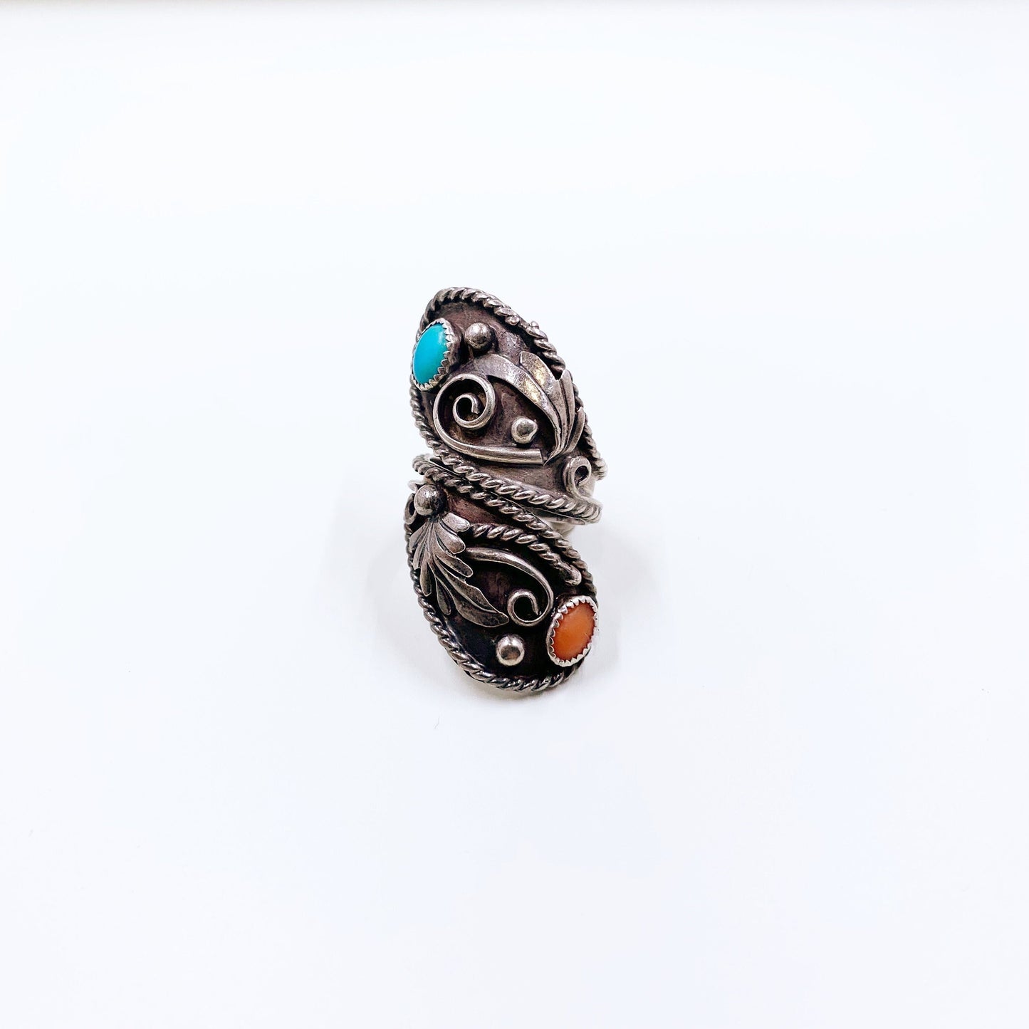 Vintage Silver Henry Baca Turquoise and Coral Bypass Ring | Large Silver Two Stone Ring | Size 7.5