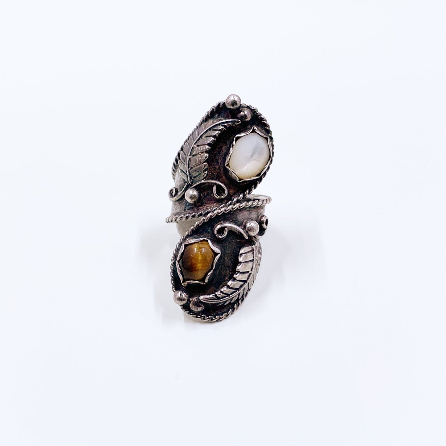 Vintage Native American Silver Two Stone Bypass Ring | Large Silver Mother of Pearl and Tiger's Eye Stone Ring | Size 6.5