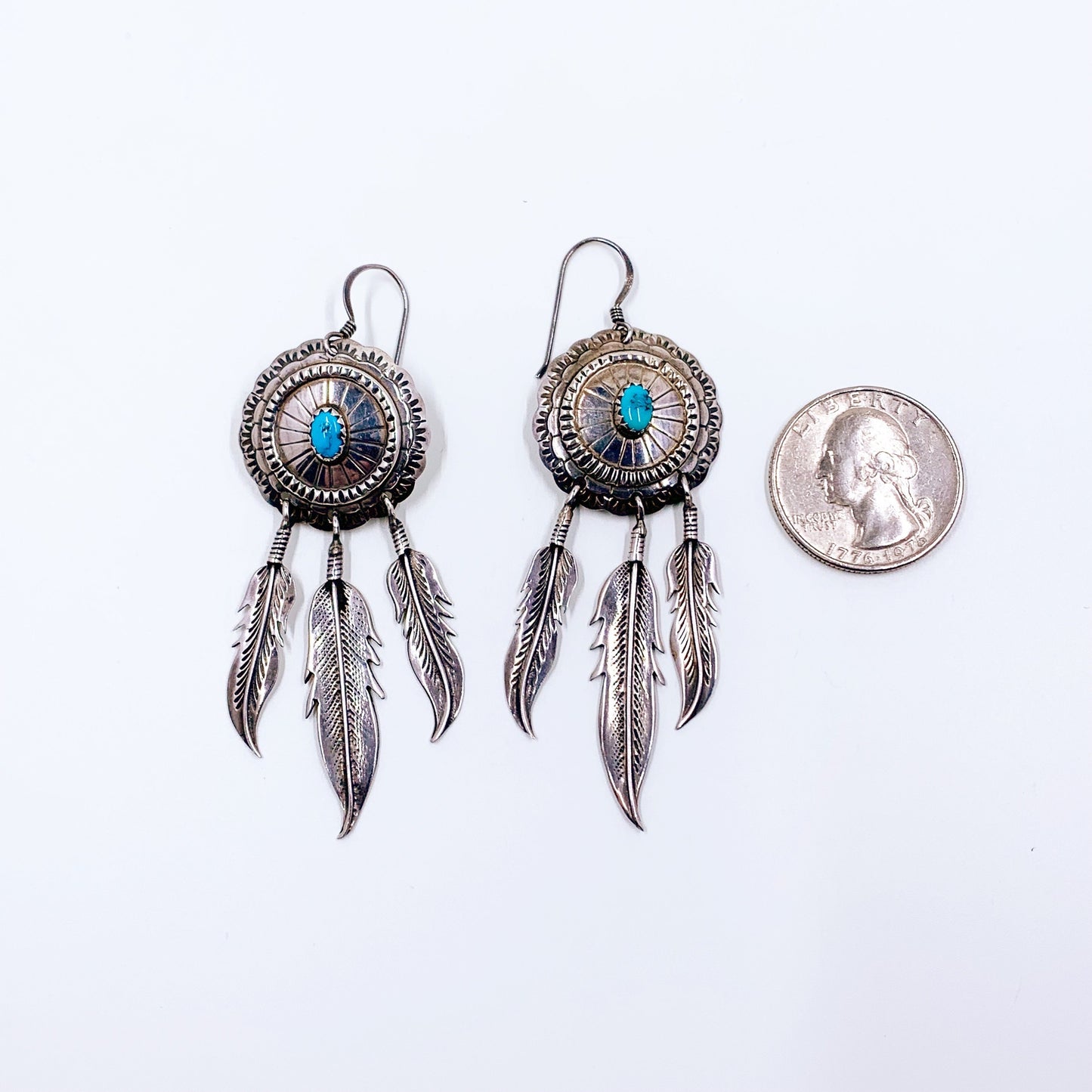 Vintage Turquoise Concho Feather Dangle Earrings