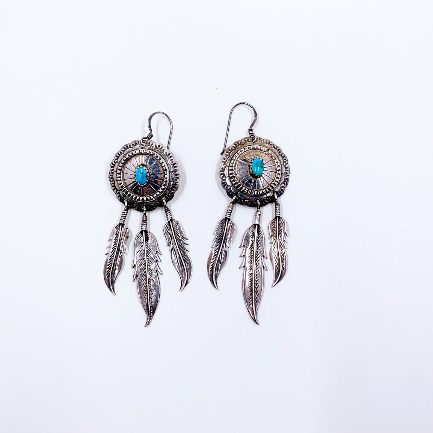 Vintage Turquoise Concho Feather Dangle Earrings