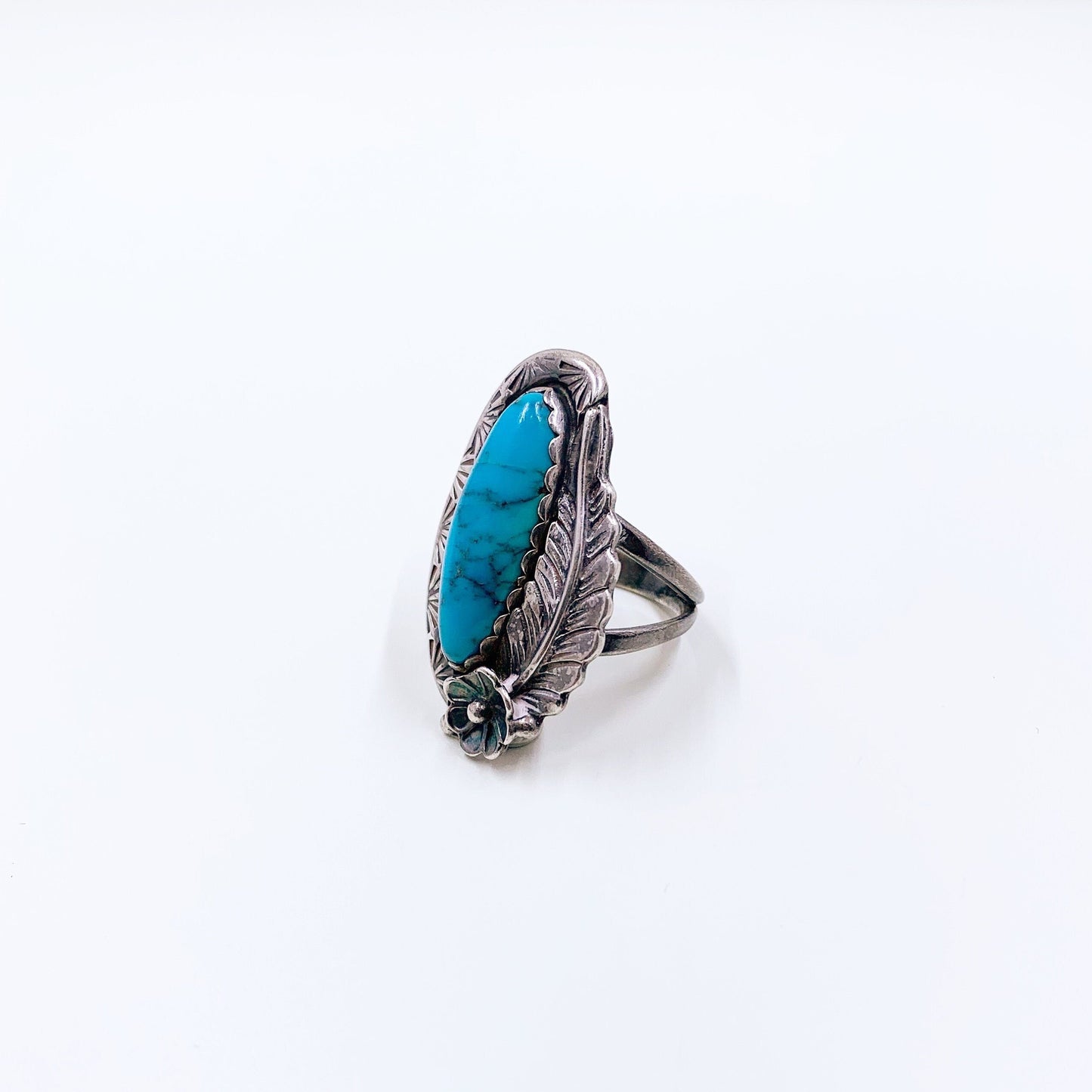 Vintage Sterling Turquoise Flower and Leaf Ring | Southwest Turquoise Stamped Ring | Size 7 1/2 Ring