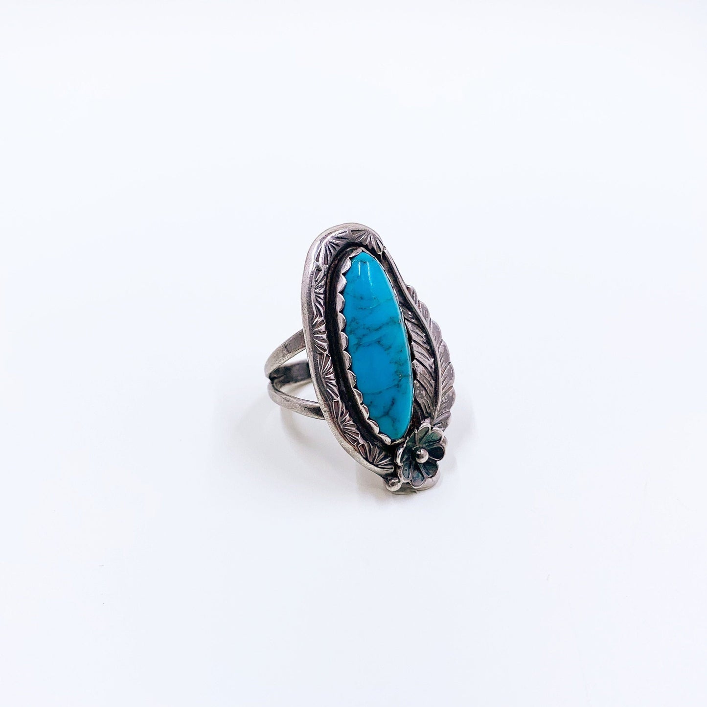 Vintage Sterling Turquoise Flower and Leaf Ring | Southwest Turquoise Stamped Ring | Size 7 1/2 Ring
