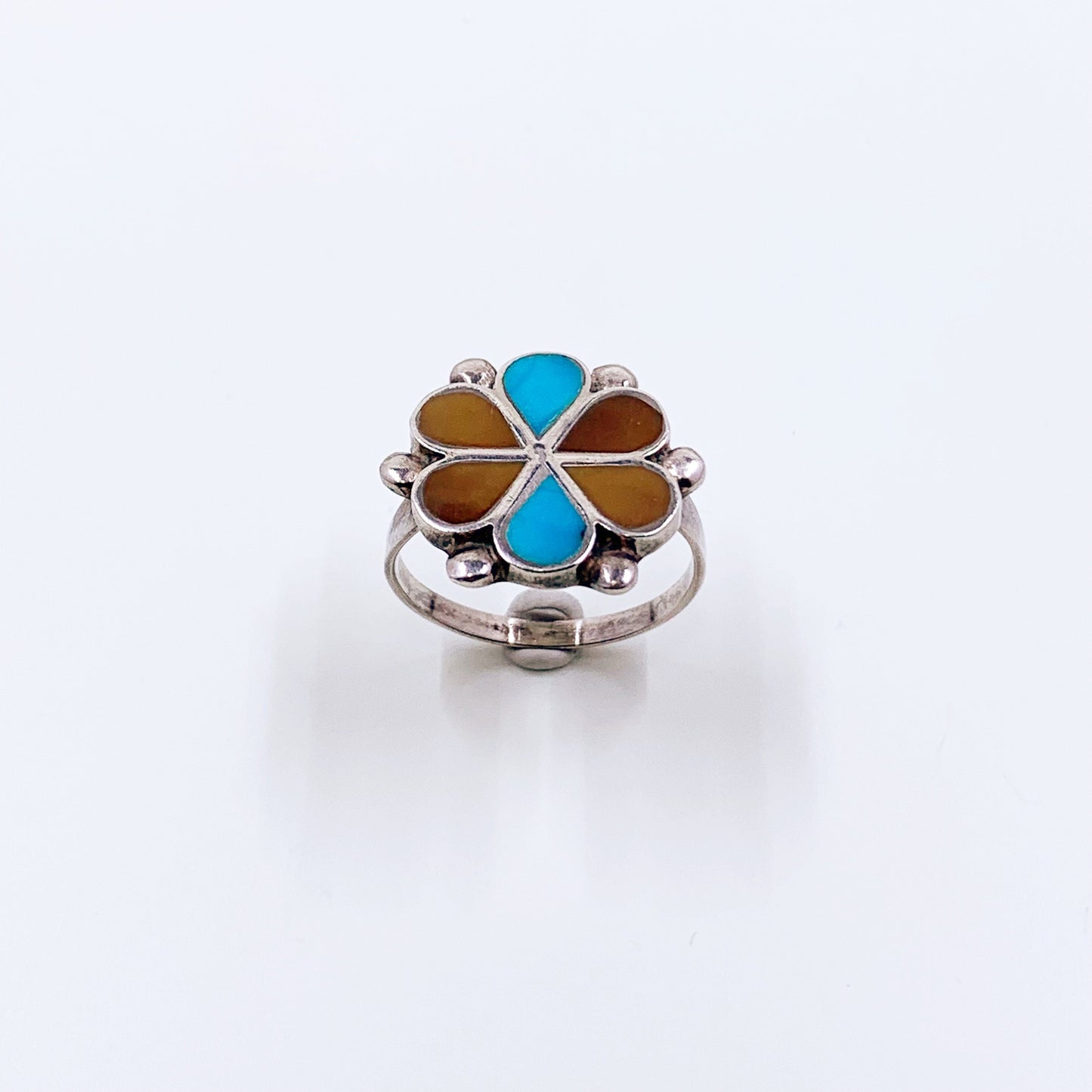 Vintage Silver Flower Inlay Ring | Southwest Multi-Stone Inlay Ring | Size 7