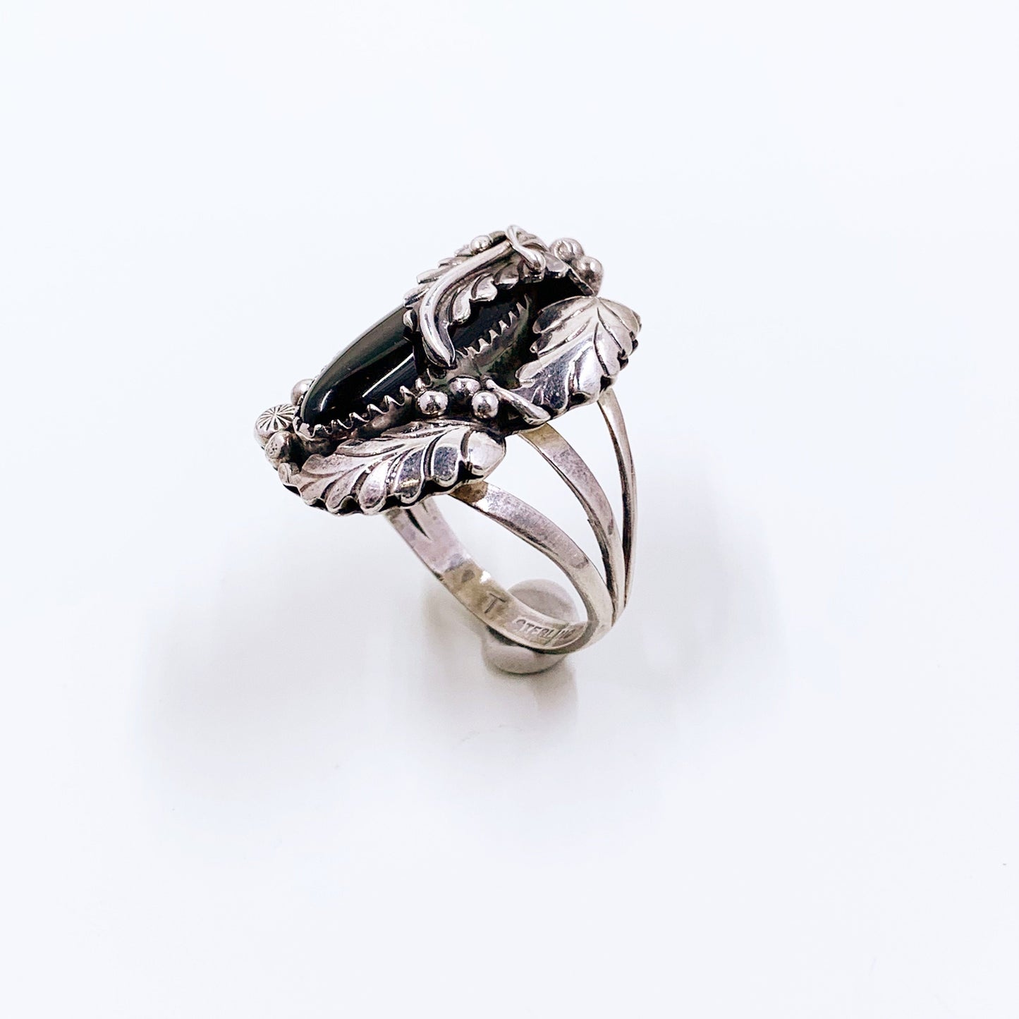 Signed Native American Sterling Onyx Leaf Ring | Mary and Richard Thomas Navajo Ring | Size 9.25 Ring