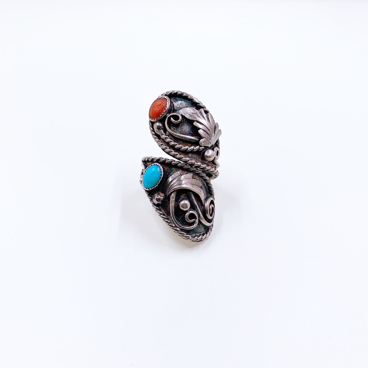 Vintage Silver Henry Baca Turquoise and Coral Bypass Ring | Large Silver Two Stone Ring | Size 8.5