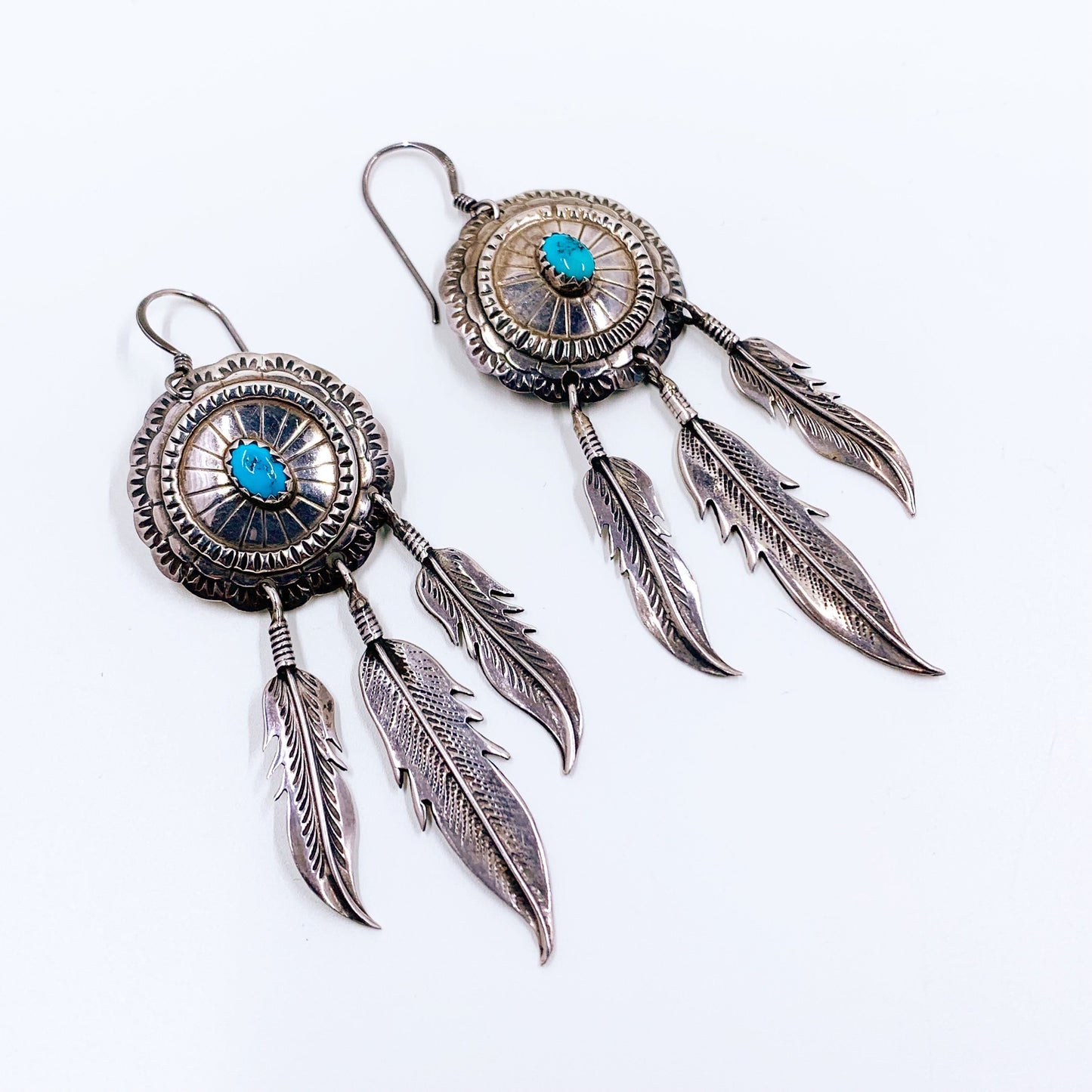 Vintage Turquoise Concho Feather Dangle Earrings