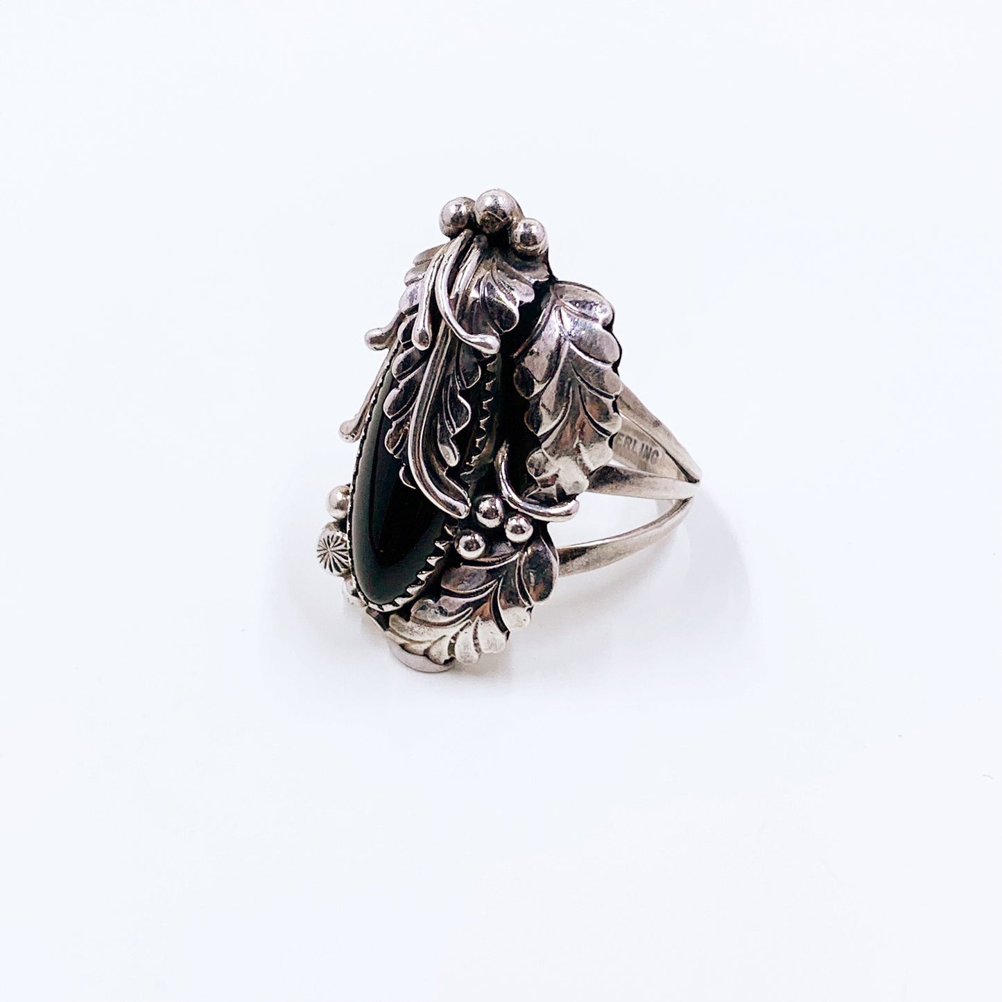 Signed Native American Sterling Onyx Leaf Ring | Mary and Richard Thomas Navajo Ring | Size 9.25 Ring