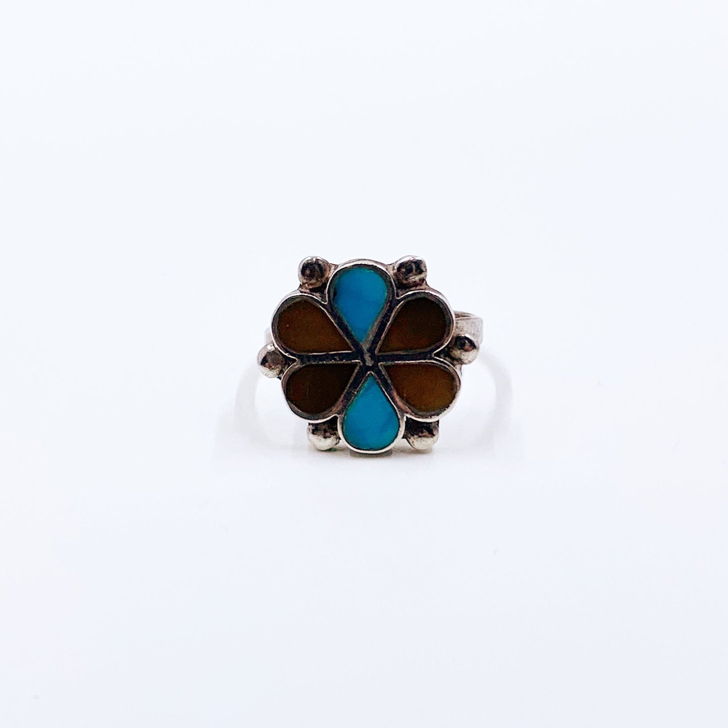 Vintage Silver Flower Inlay Ring | Southwest Multi-Stone Inlay Ring | Size 7