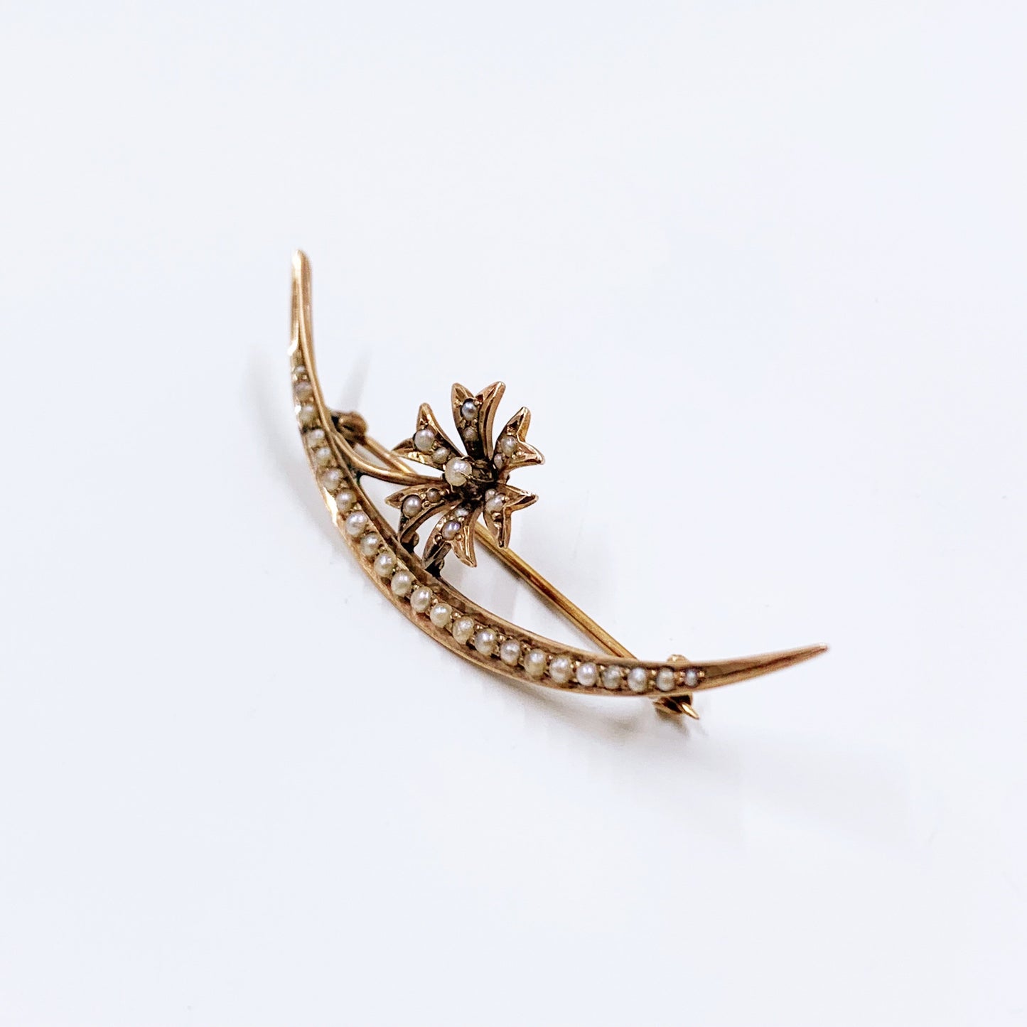 Antique 10k Gold Crescent Moon Seed Pearl Brooch | Victorian 10K Honeymoon Brooch