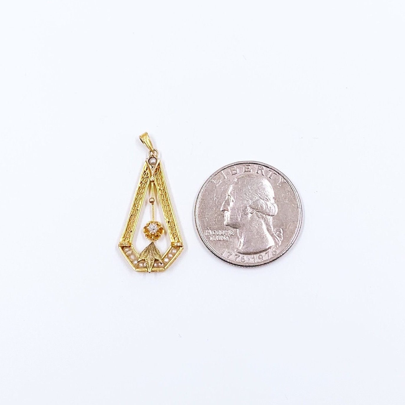 Antique 10K Seed Pearl and Diamond Filigree Lavalier Pendant