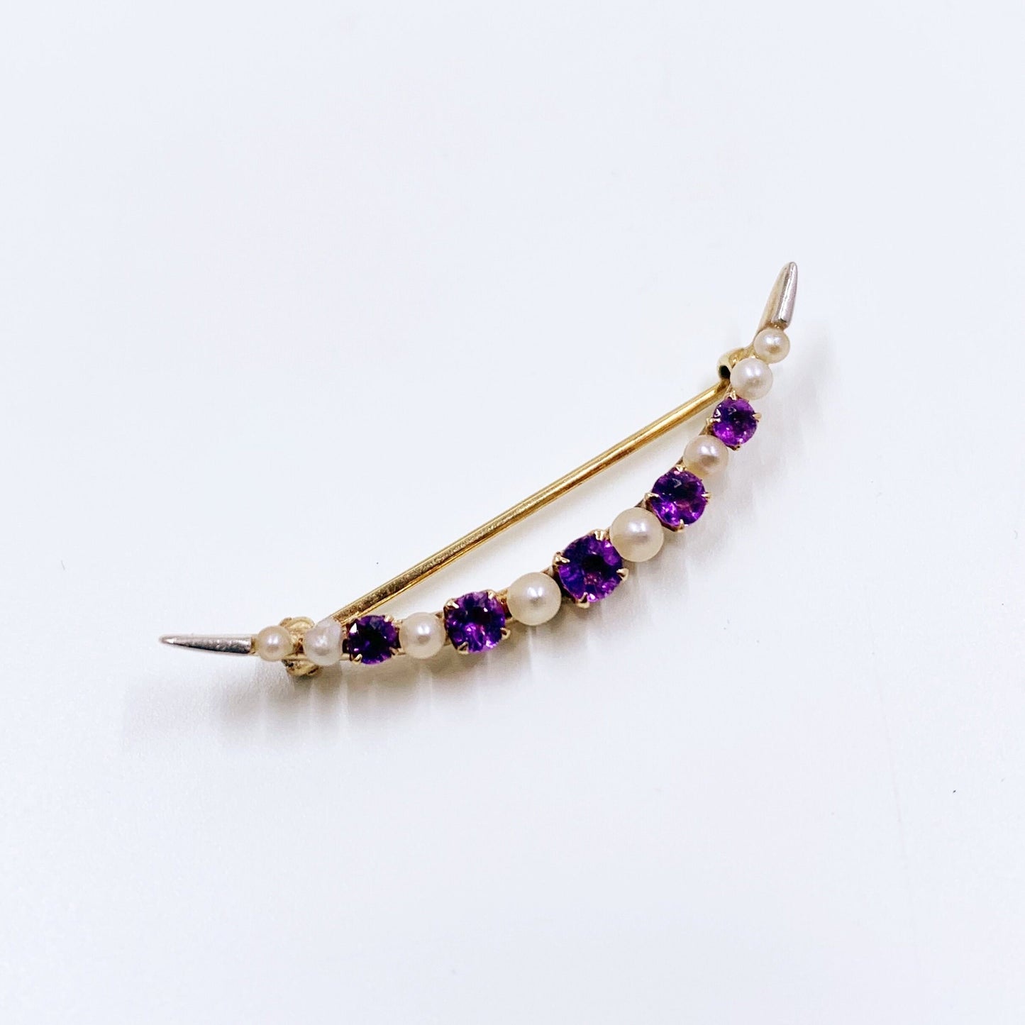 Antique 14k Gold Crescent Moon Amethyst and Seed Pearl Brooch