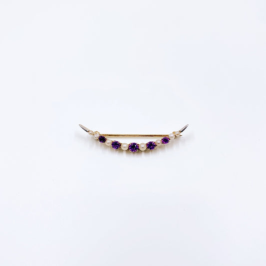 Antique 14k Gold Crescent Moon Amethyst and Seed Pearl Brooch
