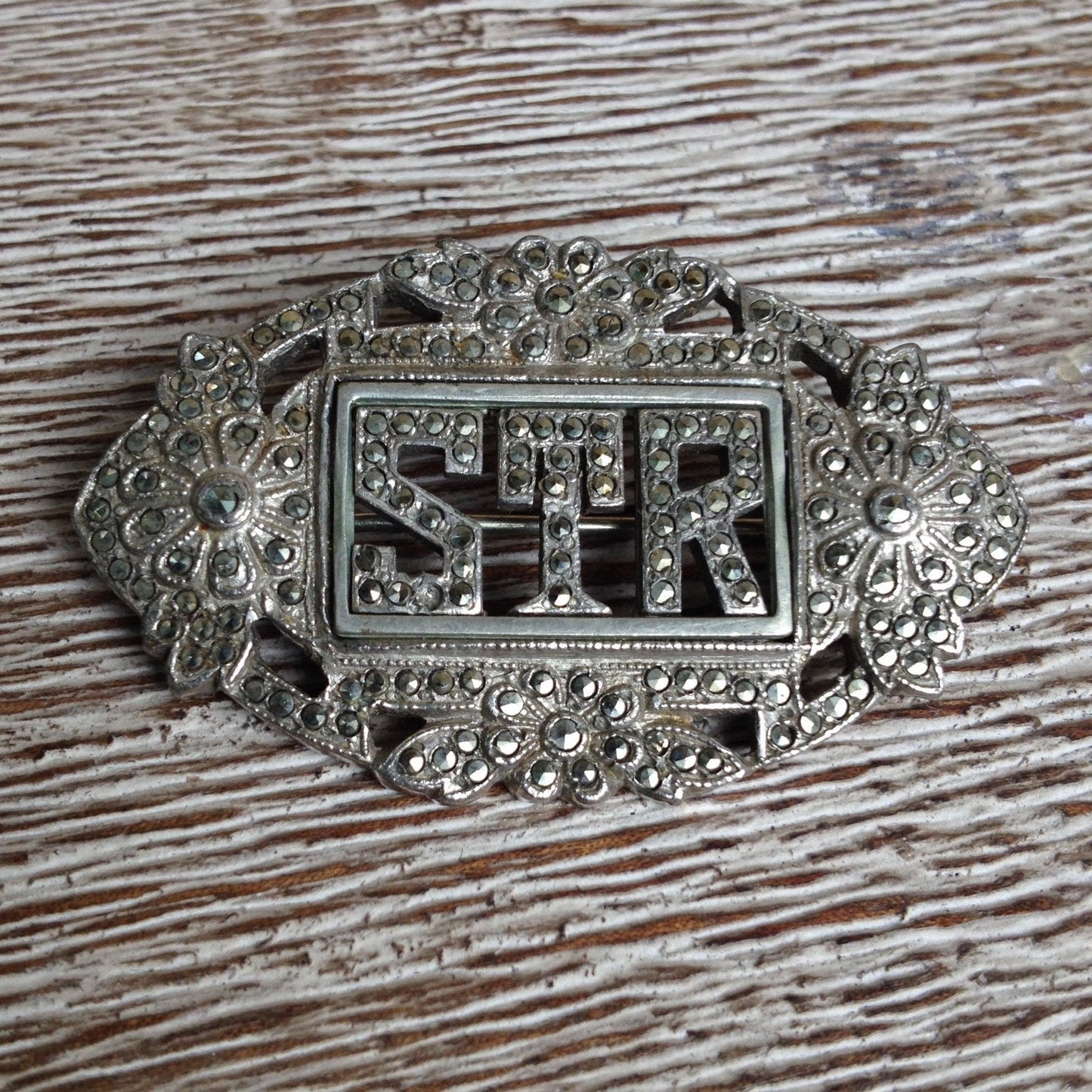 Vintage Silver Marcasite Brooch | STR Initial