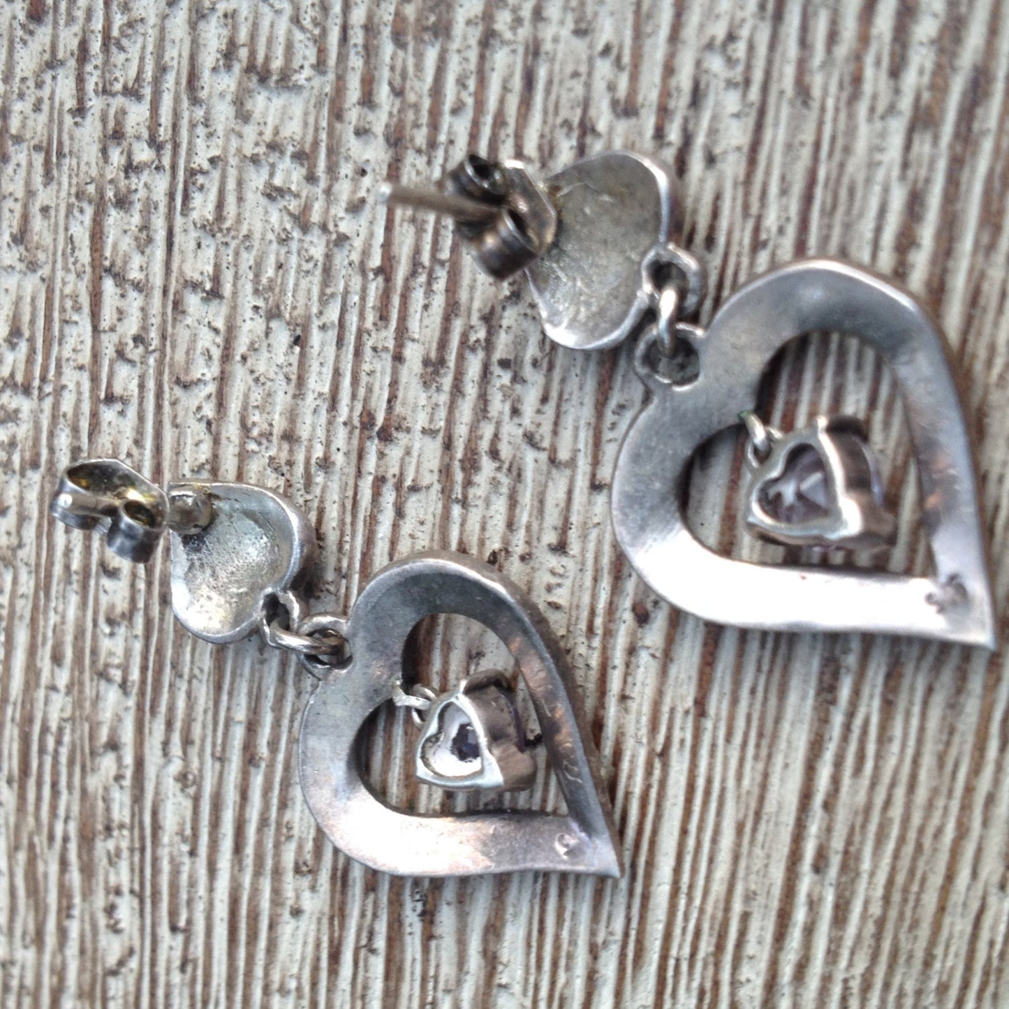 Vintage Silver Marcasite Heart Earrings | Amethyst Heart Drop Earrings